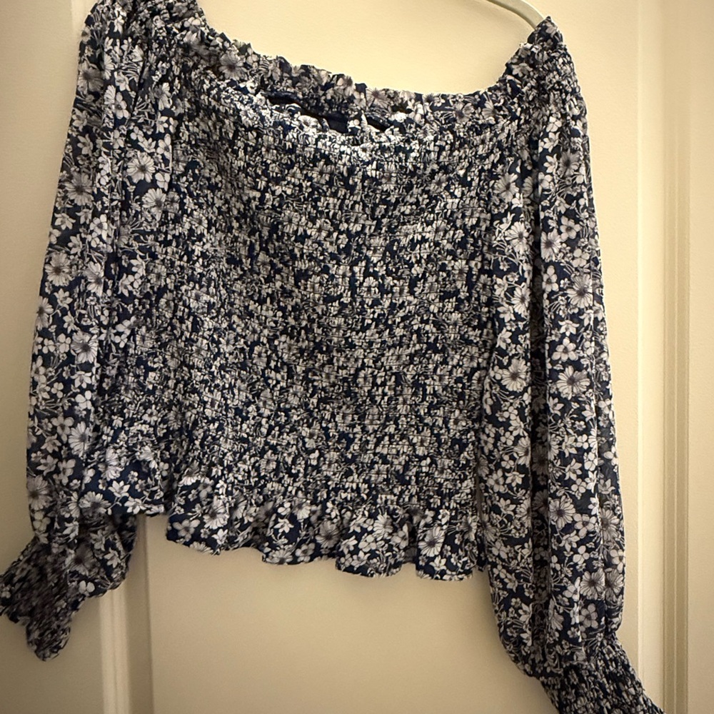 1. State Navy Blue and White Smocked Ruffled Long Sleeve Blouse